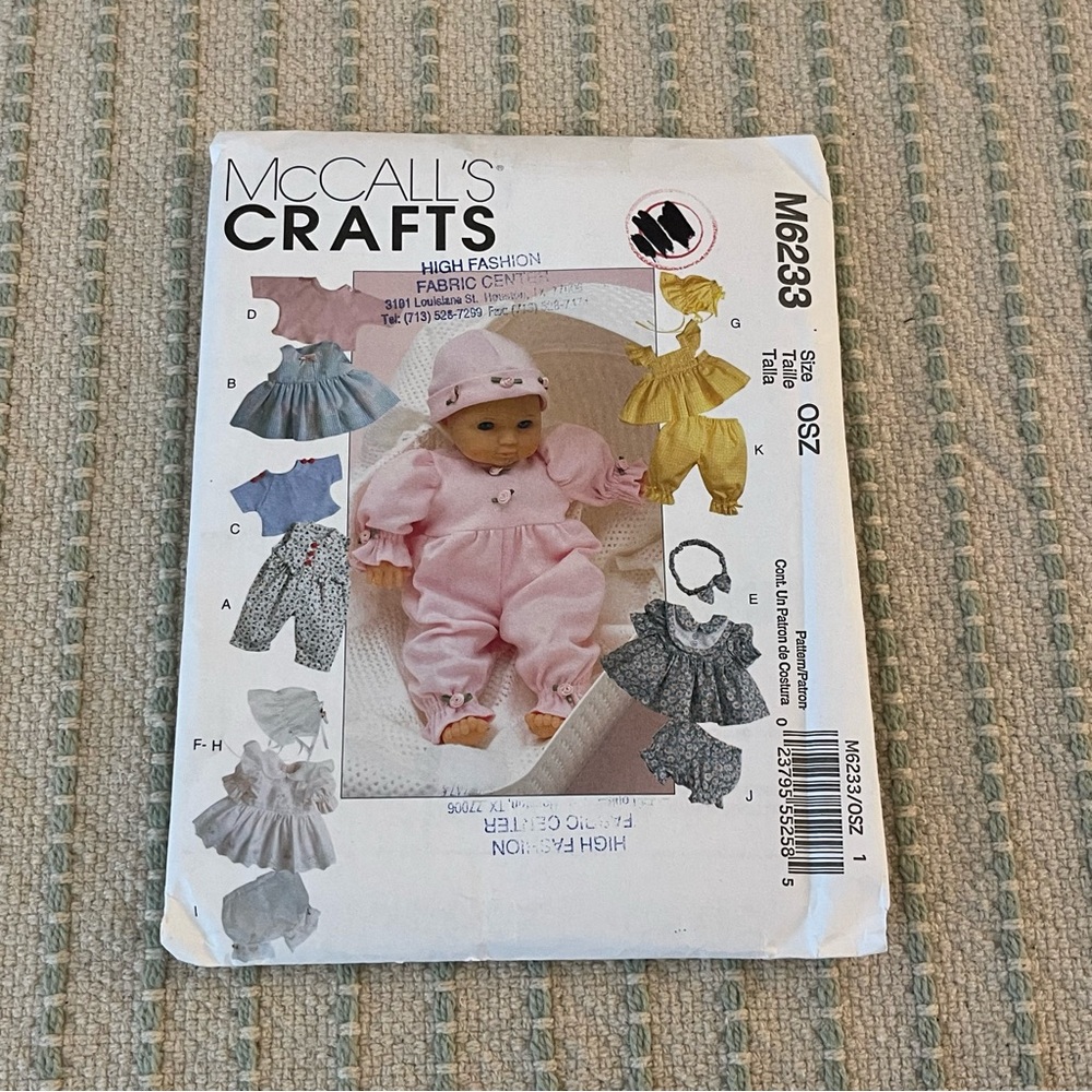 NEW - McCall's Crafts Baby Doll Clothing Pattern - #M6233